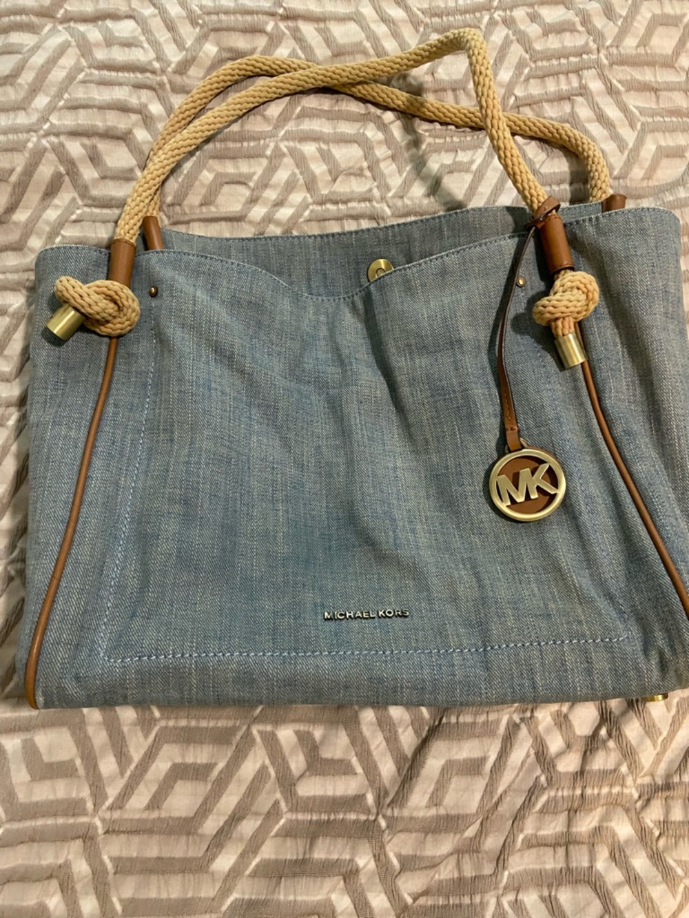 Michael Kors Large Isla Blue Denim Tote with Tan Rope Handles and Gold MK Charm
